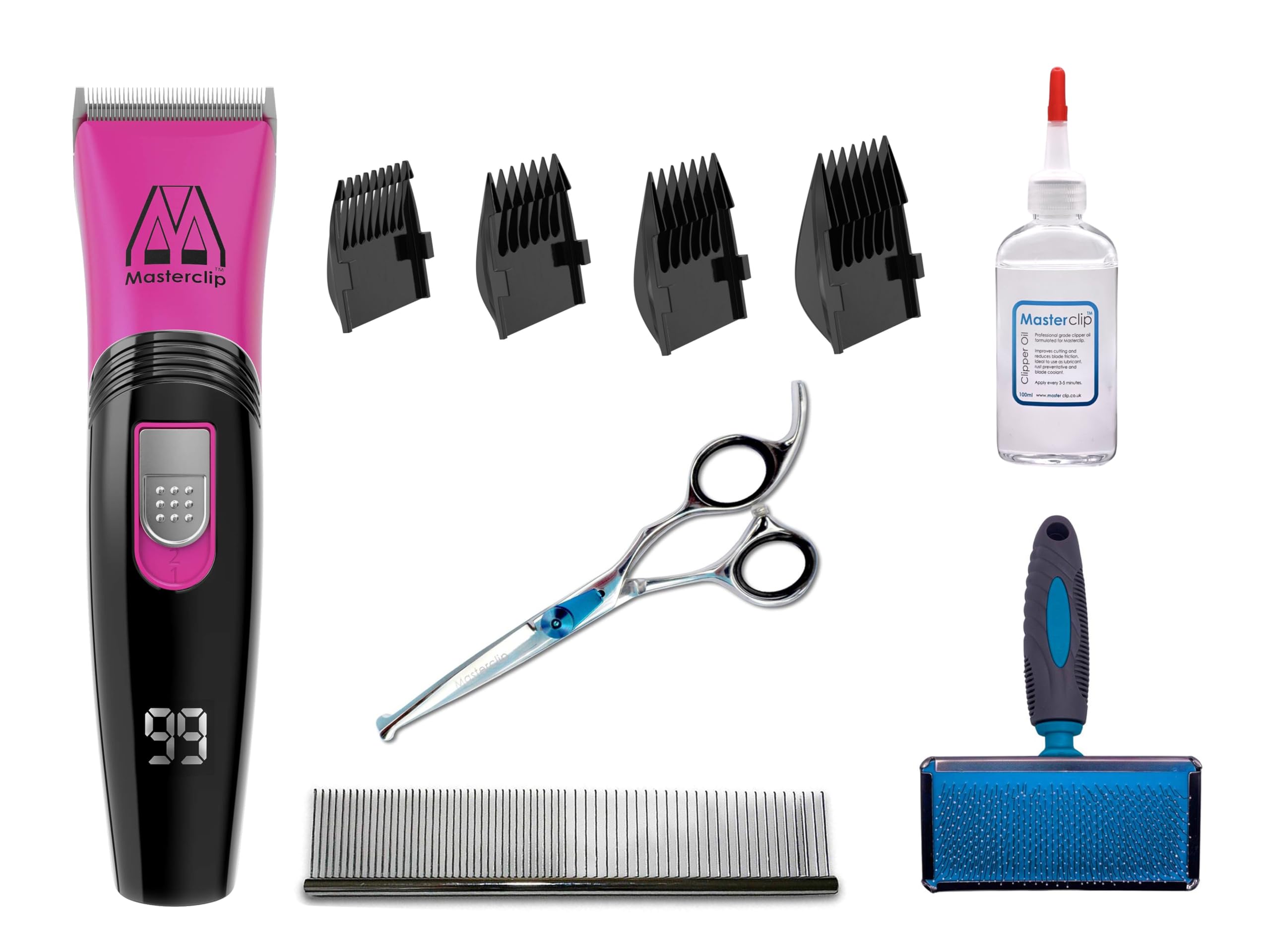 Masterclip Showmate Home Groomer Starter Pack - Dog | Cat | Rabbit | Pet Trimmer with Slicker Brush, Comb, Bull Nosed Safety Scissors and Oil (Pink)