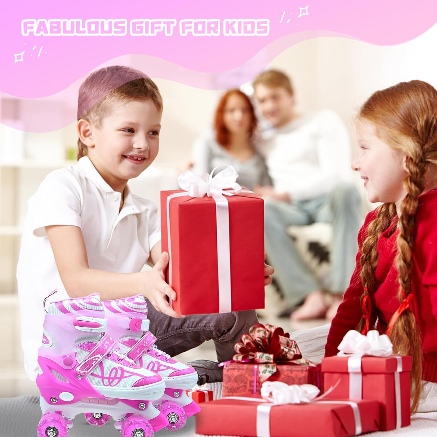 Roller Skates for Kids, Adjustable Quad Skates for Youth Teen Ages 5-8 8-12 12-14 with Light Up Wheels, Children Beginners Rollerskates for Indoor Outdoor Spots