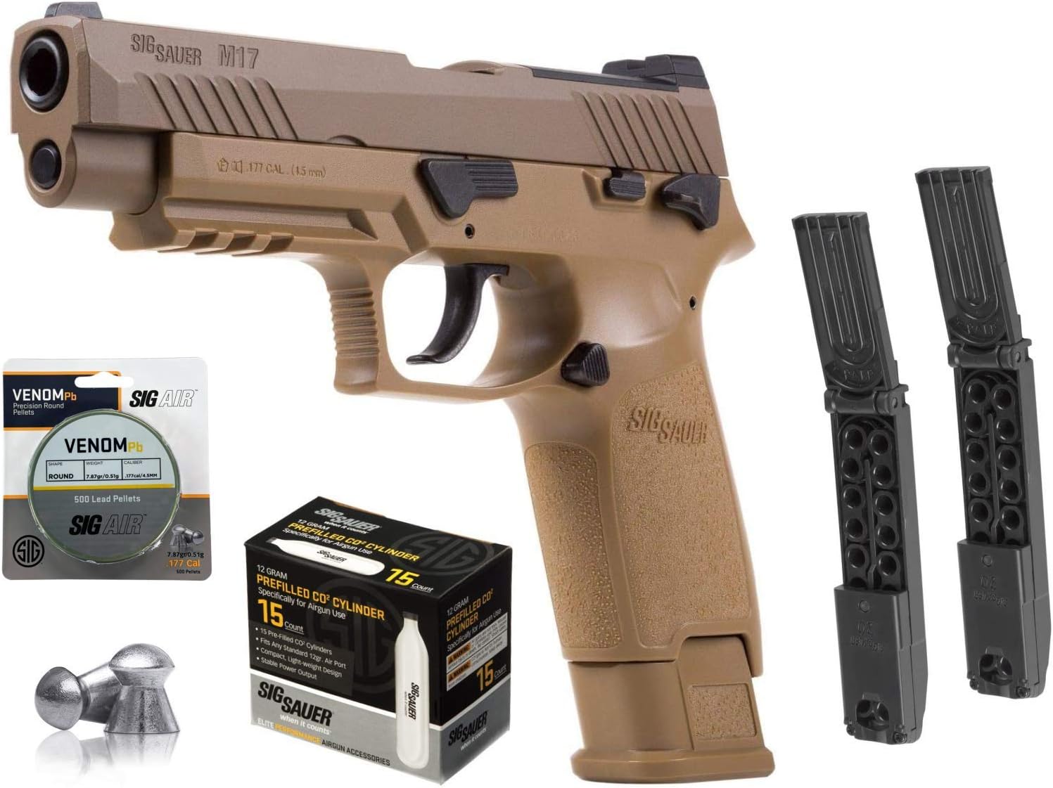 P320 Sig Sauer M17 ASP Airgun Pistol .177 Cal Coyote TAN with 15x12 gr C02 Tanks and 500 Match Lead Pellets Bundle (Coyote Tan (+ 2 R))