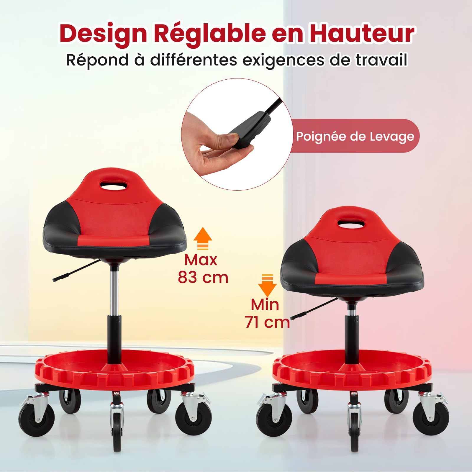 GYMAX Tabouret d'Atelier pour Mécanicien, Siège Rembourré Pivotant, Hauteur Réglable 71-83cm, Plateau pour Outils, 5 Roues Universelles Verouillables, pour Garage, Réparation, Charge 150 kg
