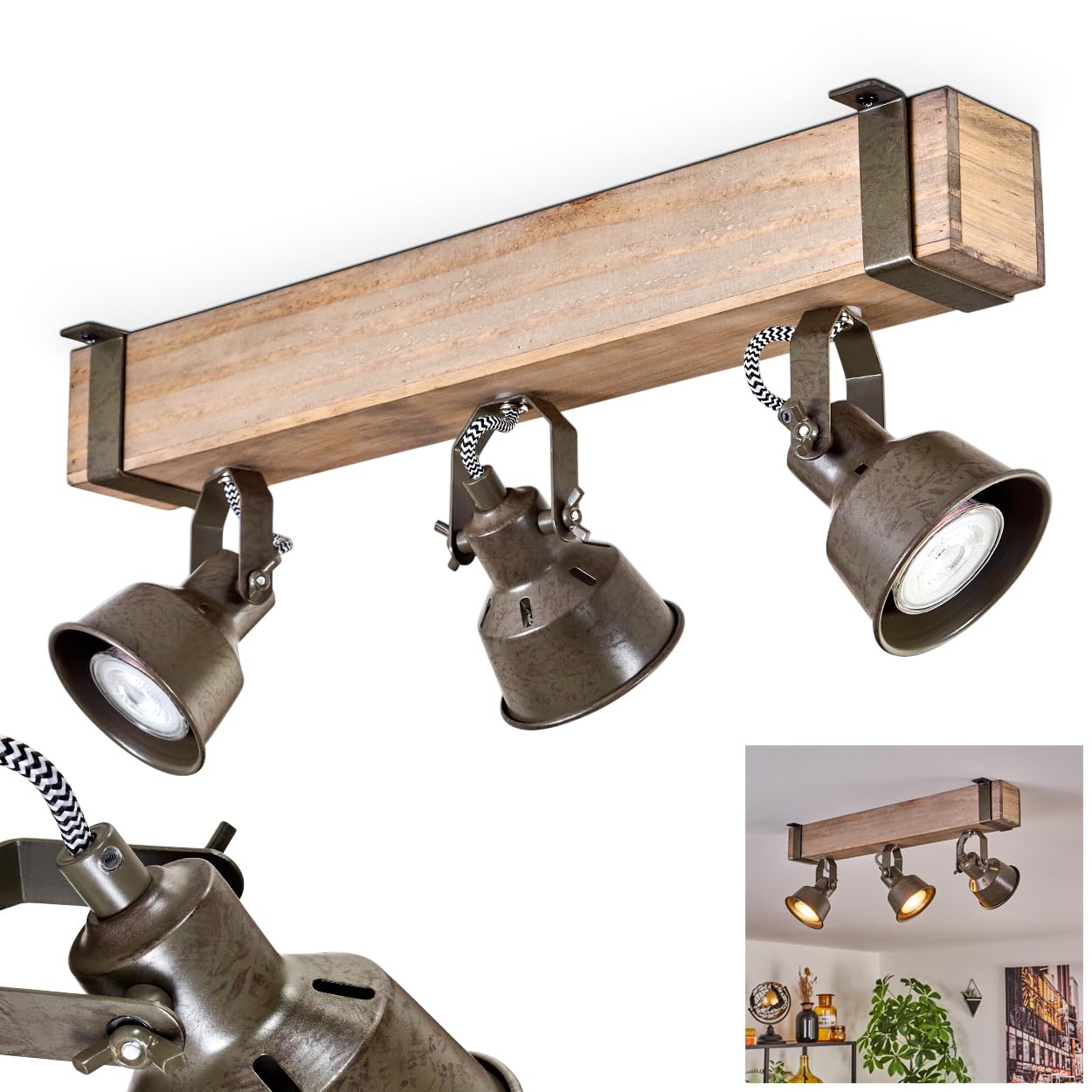 Deckenleuchte Pehefito, moderne Deckenlampe aus Metall/Holz in Grün-Grau/Natur, Deckenleuchte im Industrial Design mit verstellbaren Schirmen, 3-flammig, 3 x GU10 ohne Leuchtmittel