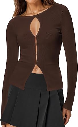 Ribbed Long Sleeve Tops for Women Cut Out Ribbed Knit Crewneck Sweater Fall Slim Fit Going Out Top