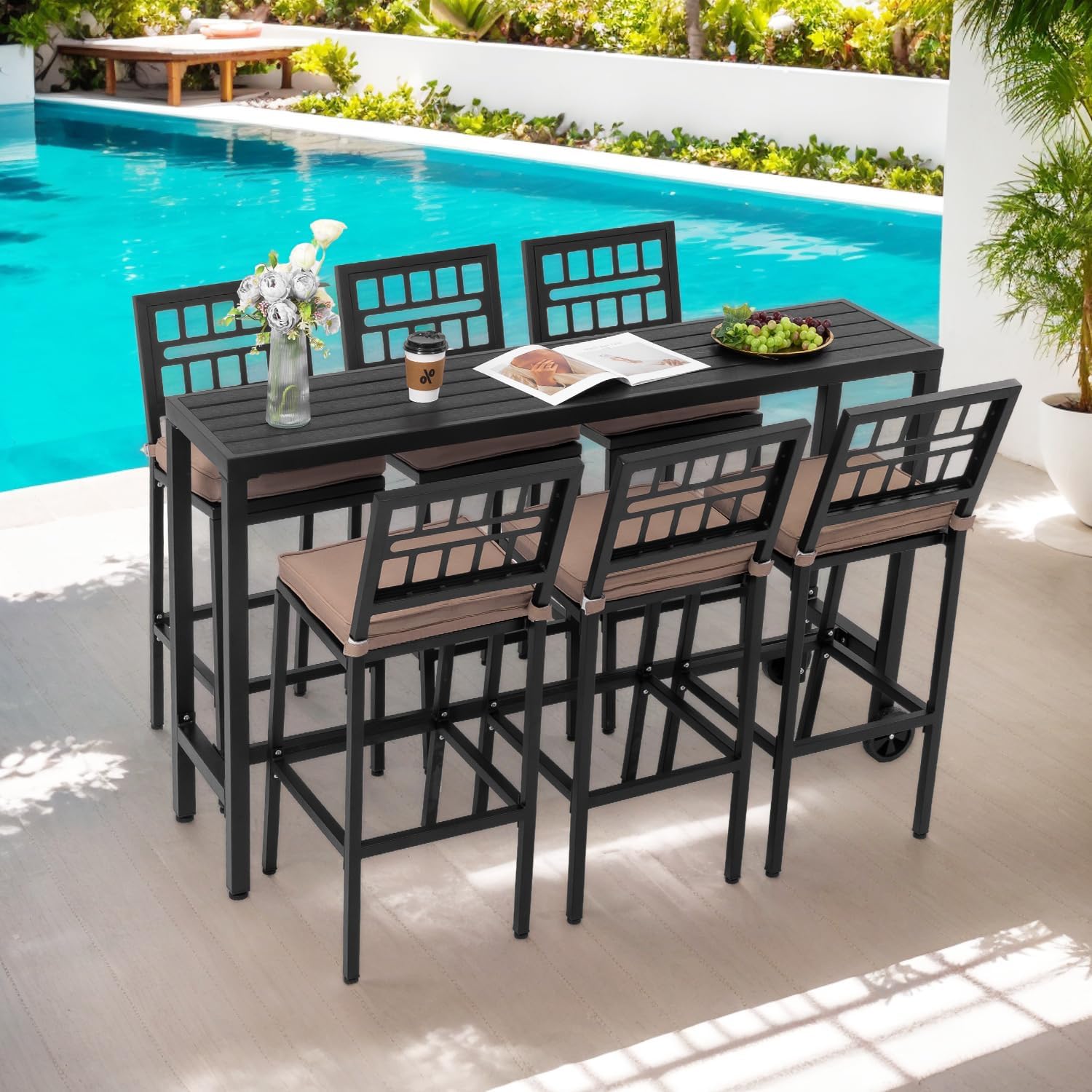 Patio Bar Dining Set,Outdoor Durable Bar Height Table & Cushioned Bar Stools, Metal Bar Table and Chairs Set for Balcony, Backyard, Porch, Poolside (7pcs with 63" Table-2)