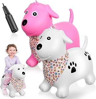 2 Pack Bouncy Animal Dog Hopper Inflatable Bouncing Horse Hopper Toys Jumping Ride on Hopping Bounce with Pump Rubber Bouncing Animal Gift for Boys Girls(White, Pink,Classic Style)
