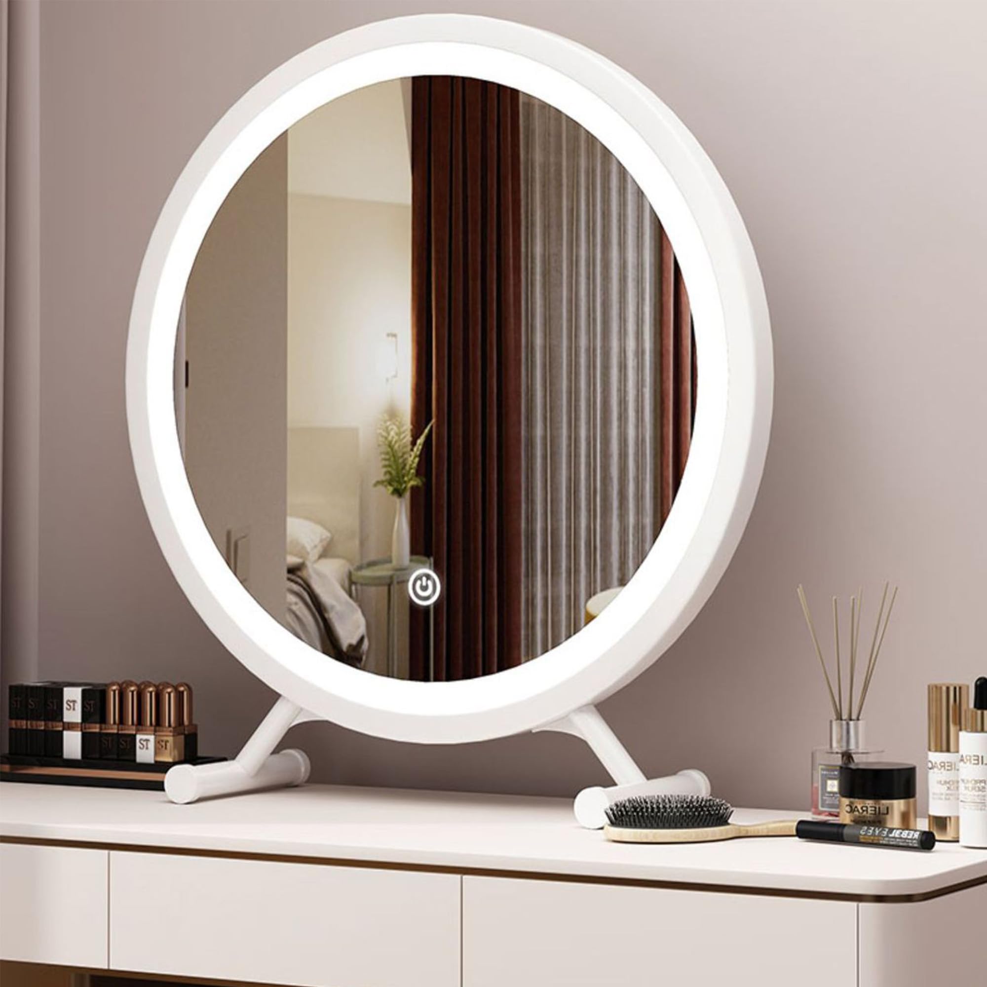 Large Vanity Mirror with Lights, Round LED Lighted Up Makeup Mirror, 18" Makeup Mirror with Lights, Touch Screen with 3-Color Lighting Dimmable for Vanity Desk Tabletop, Bedroom (White)
