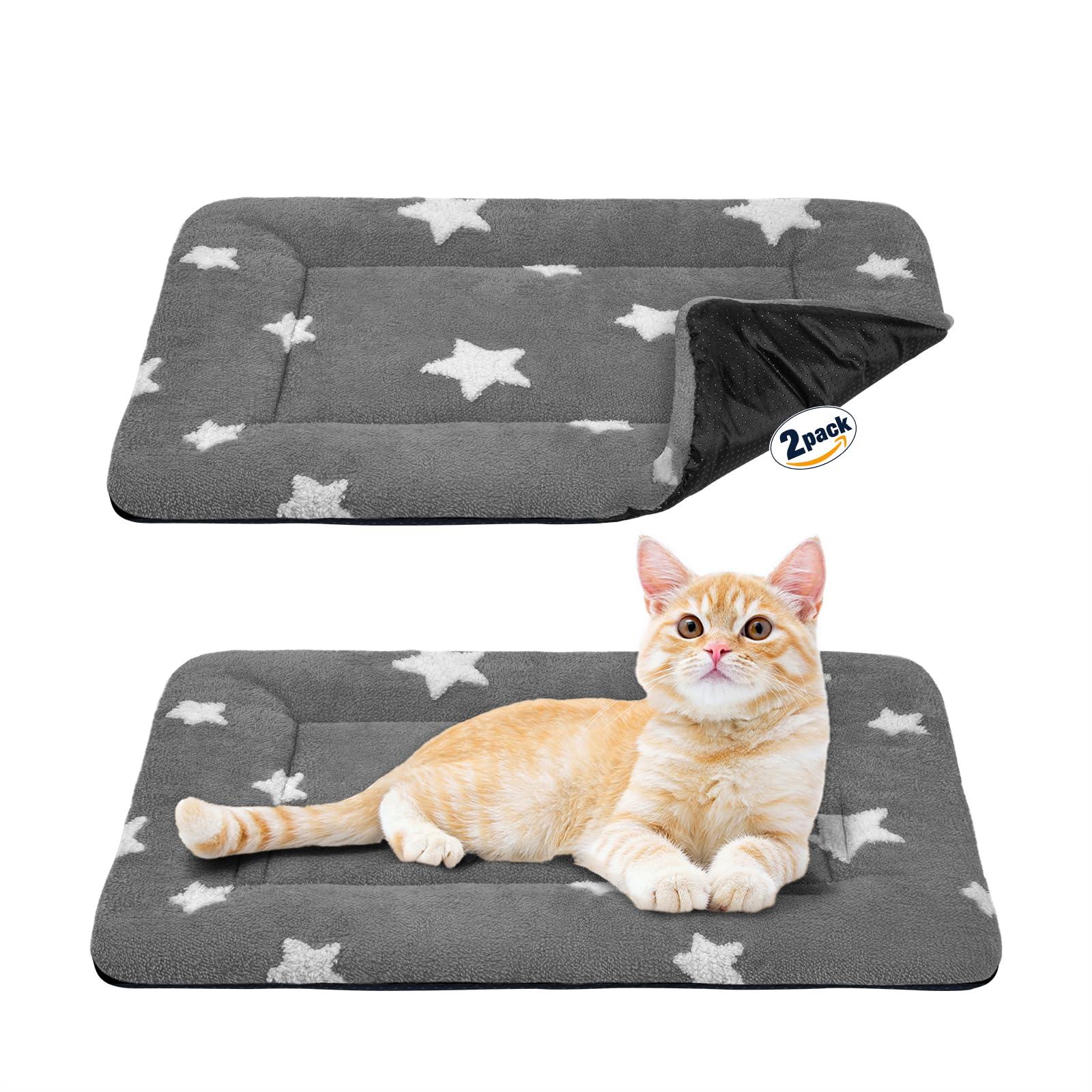 MORA PETS 2Pcs Cat Bed Mattress 56x33cm for Cats & Small Dogs, Soft Fleece Dog Crate Mat, Washable Kitten Blanket & Puppy Pad with Cute Star Pattern & Anti-Slip Bottom, Grey, 22Inch