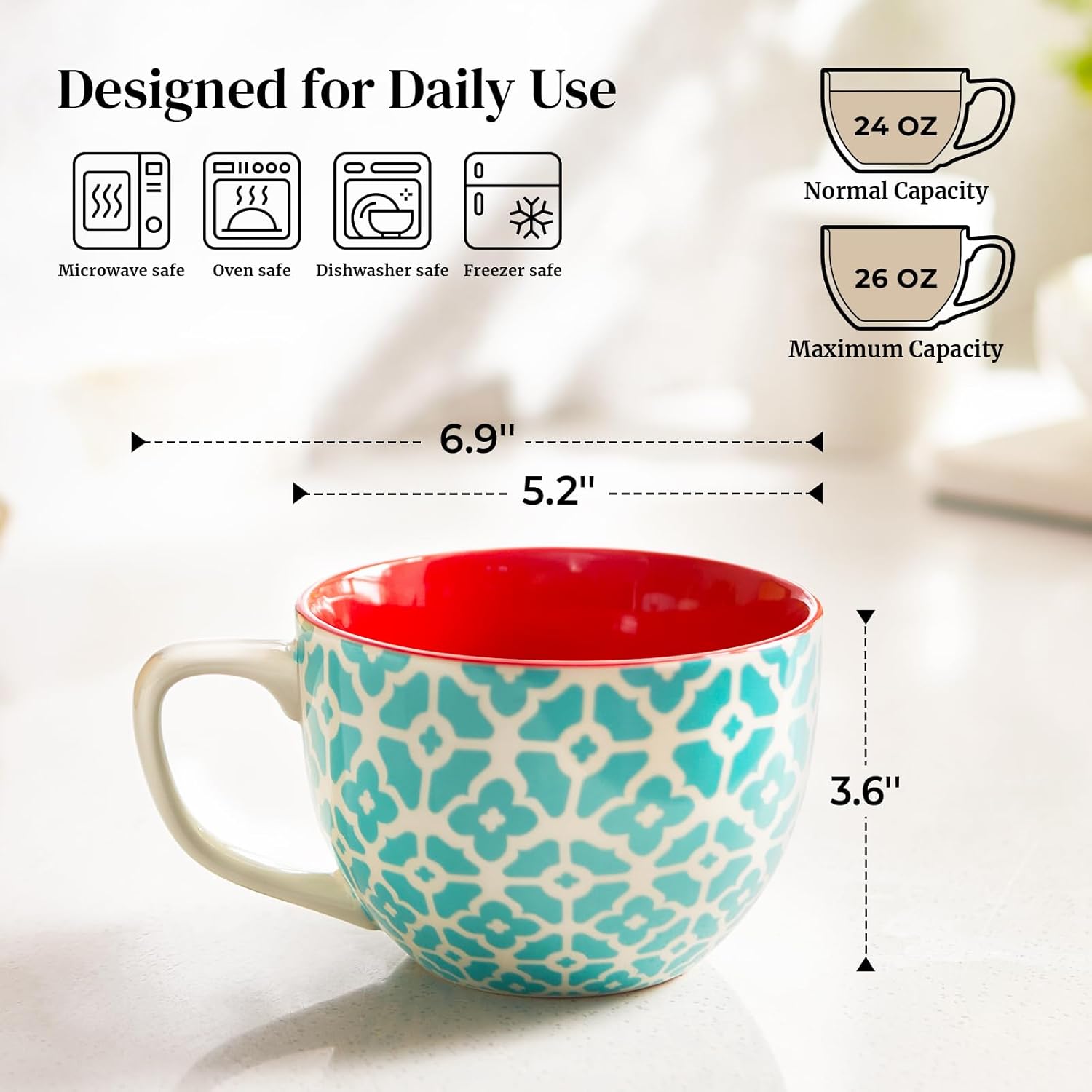 DOWAN Mosaian Soup Mugs, 24oz Large Coffee Mugs Set of 4, Soup Mugs With Handles, Ceramic Mugs for Soup/Coffee/Cereal/Latte, Thanksgiving and Christmas Gifts for Family and Friends - Image 2