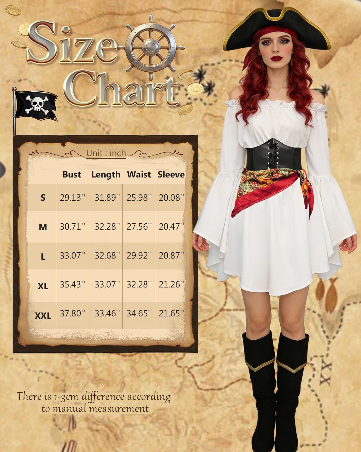 Verceco Women’s Pirate Costume Set 4PCS Pirate Outfit for Women with Dress Accessories Renaissance Halloween Cosplay
