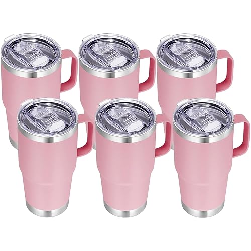 VEGOND 20 oz Tumbler Bulk with Handle Lid and Straw, Stainless Steel Insulated Travel Coffee Mug Set, Spill Proof Double Wall Metal Tumblers Cups, Pink 6 Pack