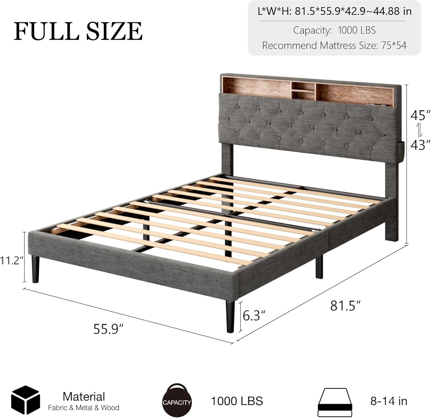 Full size bed frame dimensions diagram