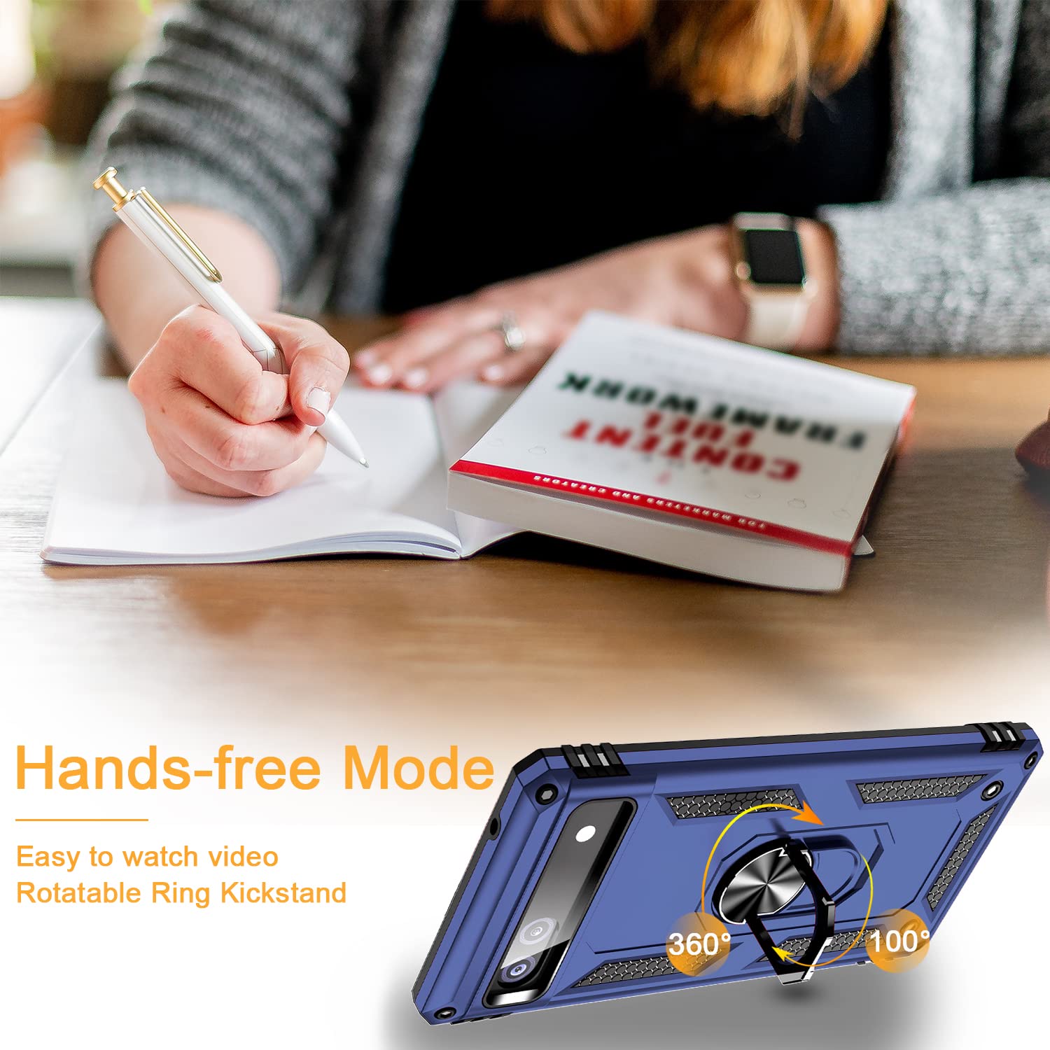 for Google Pixel 6a Case with Tempered Glass Screen Protector [2 Pack], Military-Grade Armor Shockproof Protective Phone Cover with Ring Magnetic Kickstand for Pixel 6a, Blue