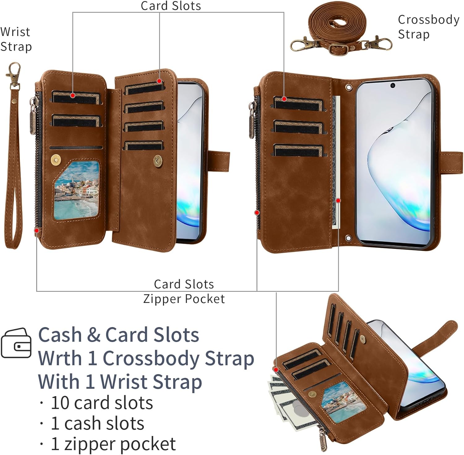 Asuwish Phone Case for Samsung Galaxy Note 10 5G Zipper Wallet Cell Cover with Tempered Glass Screen Protector Crossbody Wrist Strap Flip Credit Card Holder Note10 Notes 10s Ten Not S10 Women Brown