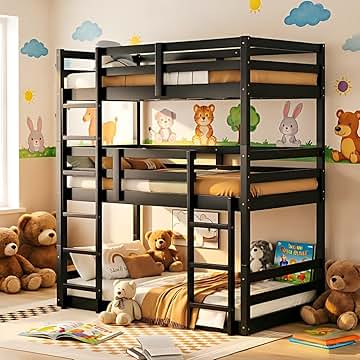 マットレス付き 木製3段ベッド（ライト・コンセント付き）美品     Wooden 3-Tier Bunk Bed with Mattresses, Light & Socket – Excellent Condition Amazon.com: Triple Bunk Bed Wood
