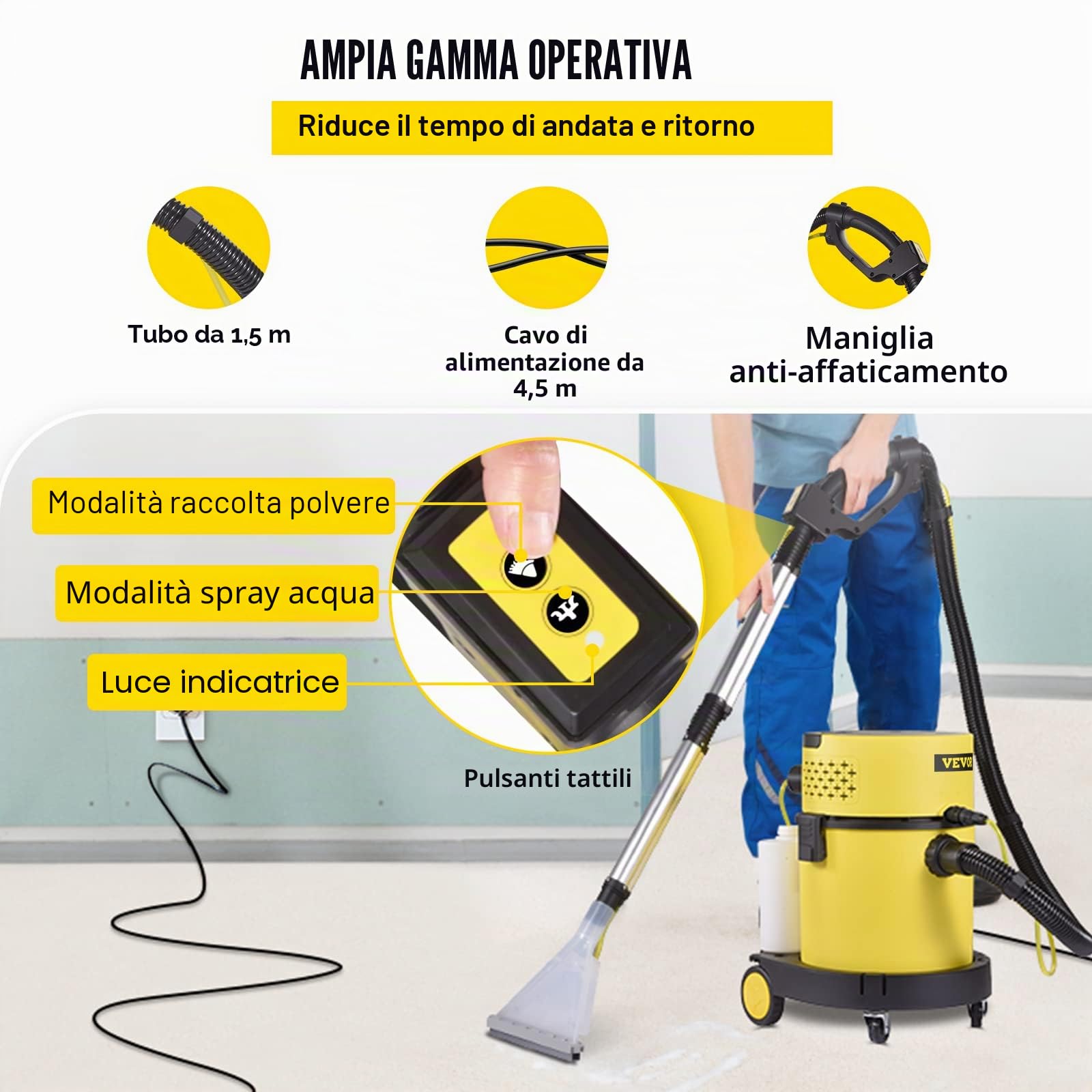 VEVOR Bidone Aspirapolvere con Filo Portatile Umido e Secco a Pressione 1200W Capacità di Cilindro 20L, Aspiracenre con Filtro HEPA 17Kpa per Cortile Giardino Parco