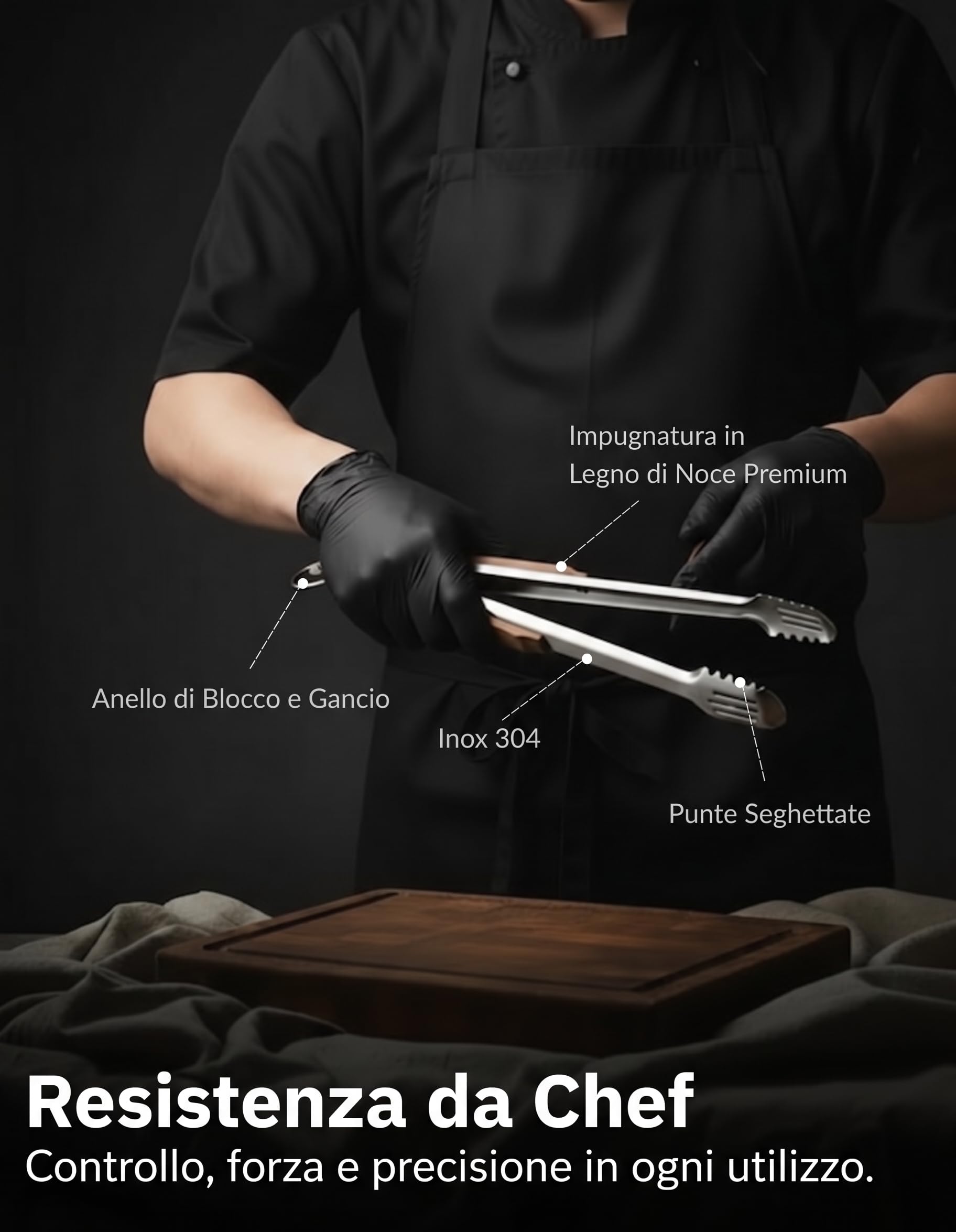 Pinza Barbecue 43 cm Acciaio Inossidabile 304 con Manico in Legno di Noce - Pinze BBQ Extra Lunghe con Punte Dentate e Fessure per Scolare, Anello di Blocco e Custodia Regalo by Stone & Clark