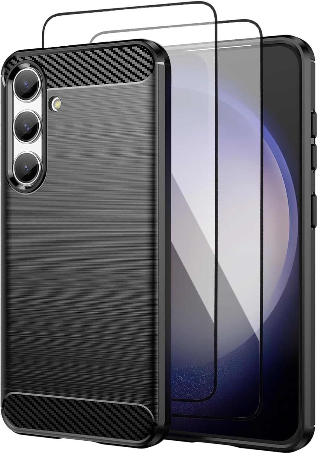 PIXFAB for Samsung Galaxy A16 Case with 2 x Screen Protector Tempered Glass [Slim Fit] Shockproof Brushed Carbon Fibre [Protective Case] Cover, Gel Rubber Phone Case for Samsung A16 – Black