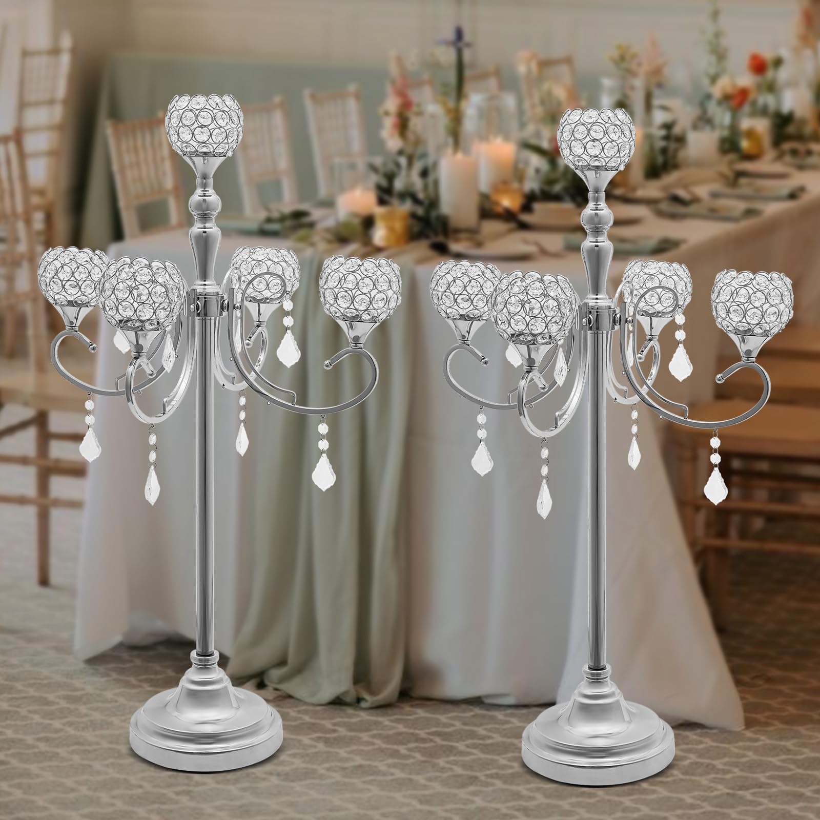 2 Pack 5 Arms Crystal Candelabra Centerpiece with Pendants and Anti-Slip Pad,33.8in Freestanding Candle Holder Centerpiece for Hotels, Restaurants, Weddings