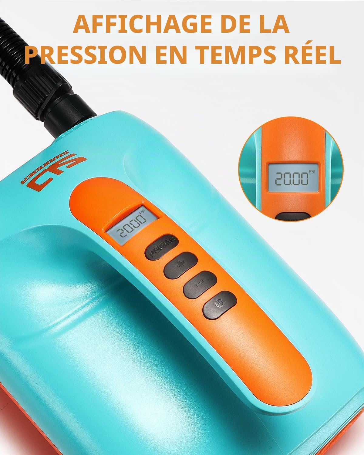 Swonder Pompe Électrique Numérique Haute Pression 20 PSI pour Paddle Gonflable, Kayak, Tente – Gonfleur Sup à Double Étape Intelligente avec Arrêt Automatique – Disponible en Deux Couleurs