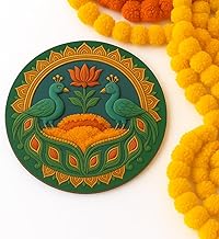 Rangoli for Pooja Decoration and Home Decor | Reusable Floor Wooden Rangoli for Home Decoration for Diwali, Ganesh Chaturthi, Durga Pooja, Gifting (12 Inches) (Peacock)