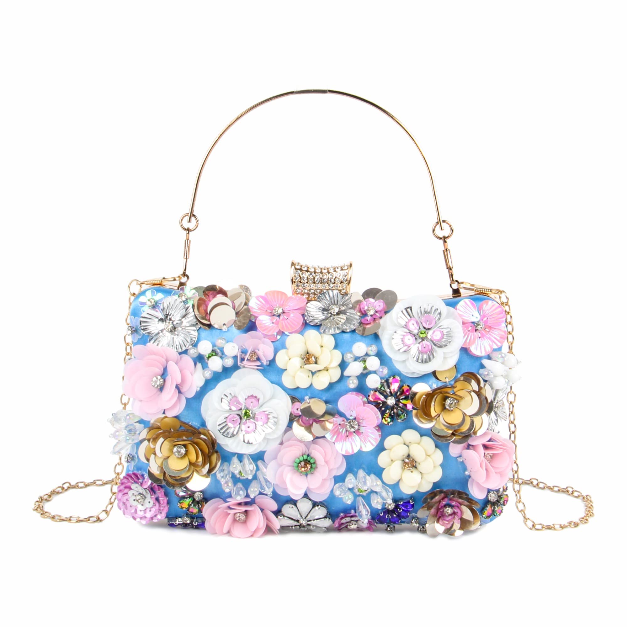 Lanpet Women Clutches Flower Evening Handbag Chain Strap Shoulder Bag, Style 2 Blue