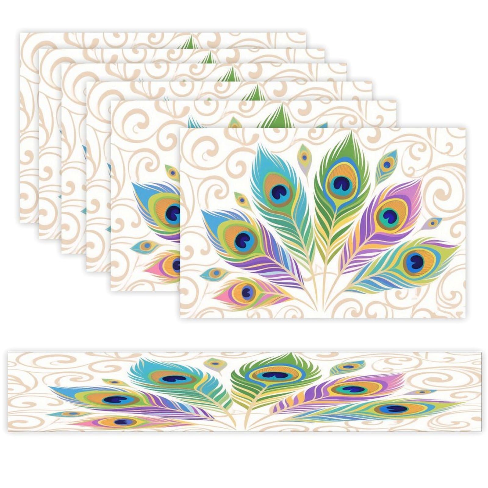 Peacock Feather Table Runner and Placemats Set of 7 Linen Table Mat Non-Slip Place Mats Washable Placemat Heat Resistant Place Mat with Table Runner for Party Dining Decor