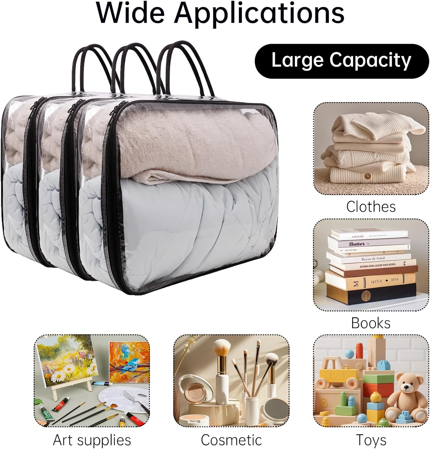 Clear PVC Storage Bags, 6 Pack with Handles & Zipper, 40x30x10cm | Transparent PVC storage bags with zipper and handles for clothes, bedding, travel packing and closet organization