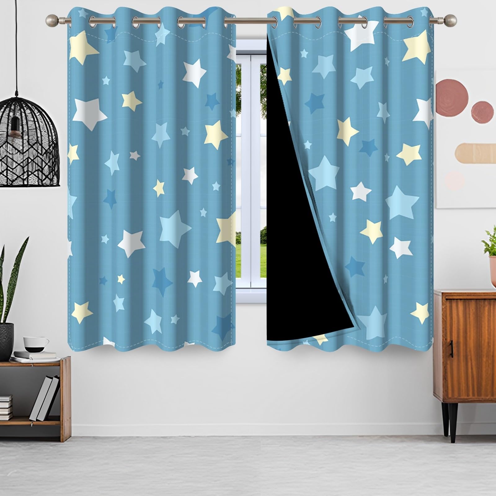 107x160cm Rideau à œillets Ciel de Dessin animé Ciel Bleu Étoiles colorées Chambre de bébé Occultant Œillets Rideaux de fenêtre pour Chambre d'enfant Salon Salle à Manger,2 Panneau