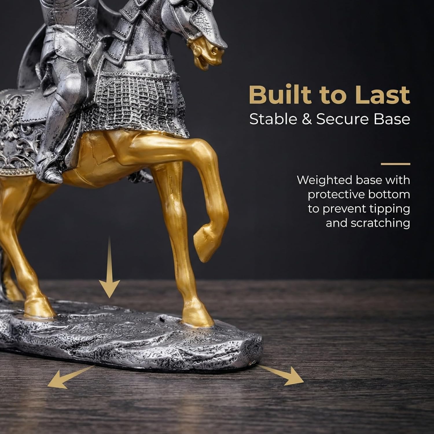 Medieval Knight Statue with Sword & Shield - Antique Silver & Gold Armored Crusader Figurine - Resin Warrior Sculpture for Bookshelf, Office Desk & History Buff Gifts (11 Inches Tall)