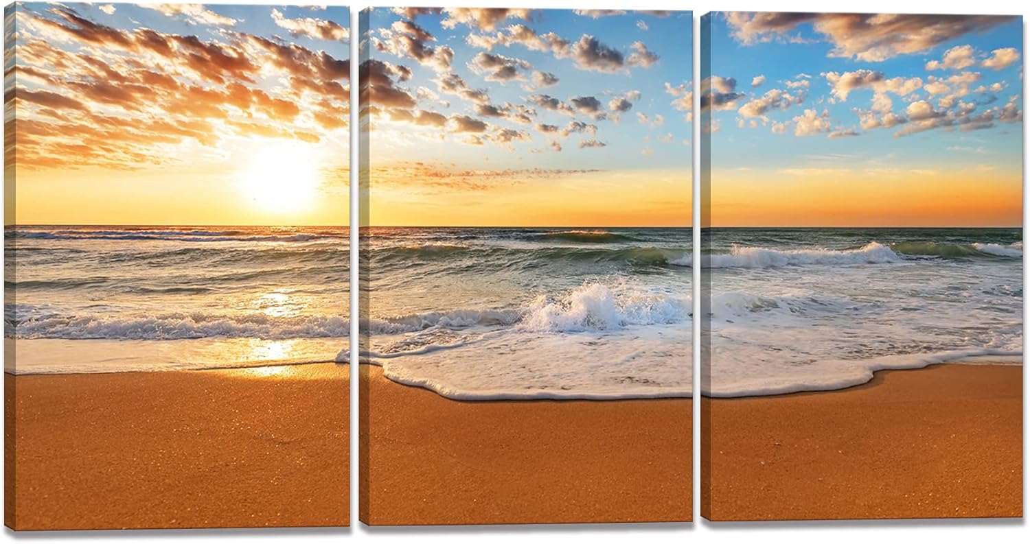 太陽の絵 ビーチ 海 パネル 青い海 風景画 3枚 海の絵 写真 太陽 自然の風景 絵画 ポスター 玄関 壁掛け 壁飾り装飾軽くて取り付けやすい フレーム付きの完成品 30x40x3pcs 完売
