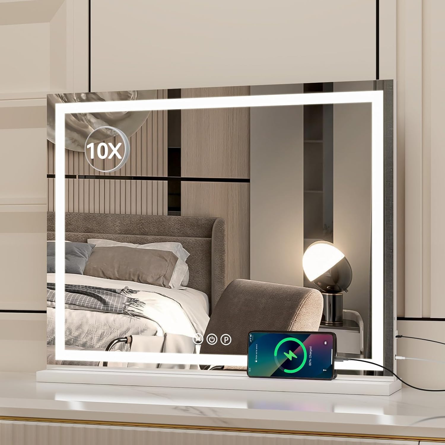 YU YUSING Hollywood Vanity Mirror with Lights, 55x70cm Dressing Table Mirror, Lighted Makeup Mirrors with Dimmable LED light, 3 Lighting Modes, Touch Screen Control, USB Charging Port, White
