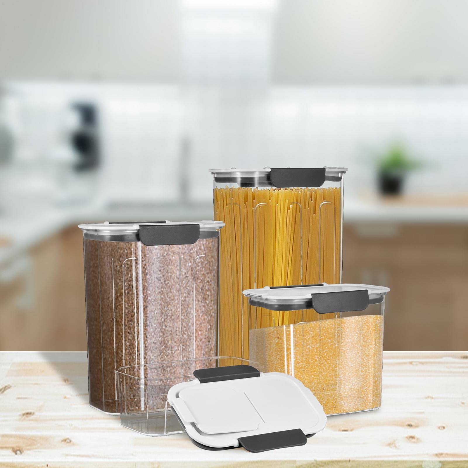 Set di 4 barattoli con coperchio, ermetici, angolari, 0,7/1,7/2,7/3,6 l, barattoli di stoccaggio per conservare pasta, muesli, riso, farina, mangimi