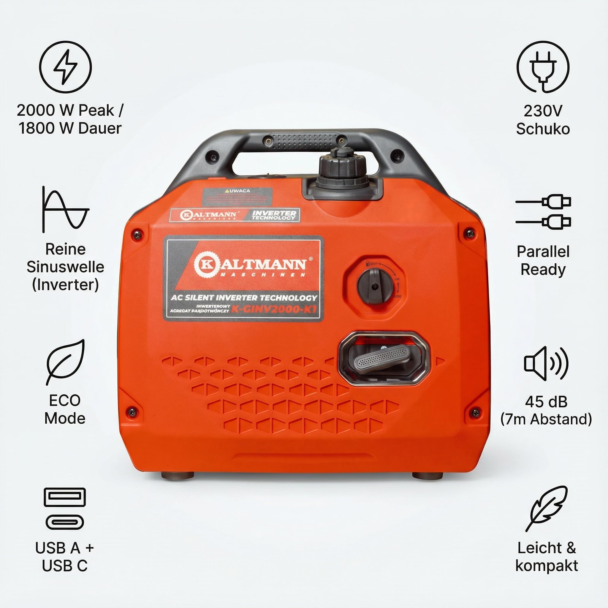 Leiser Inverter Stromgenerator 2000W - tragbares Benzin Notstromaggregat mit reiner Sinuswelle, Eco-Modus, Parallelbetrieb, USB-C & 230V - ideal für Camping, Wohnmobil, Wohnwagen & Outdoor