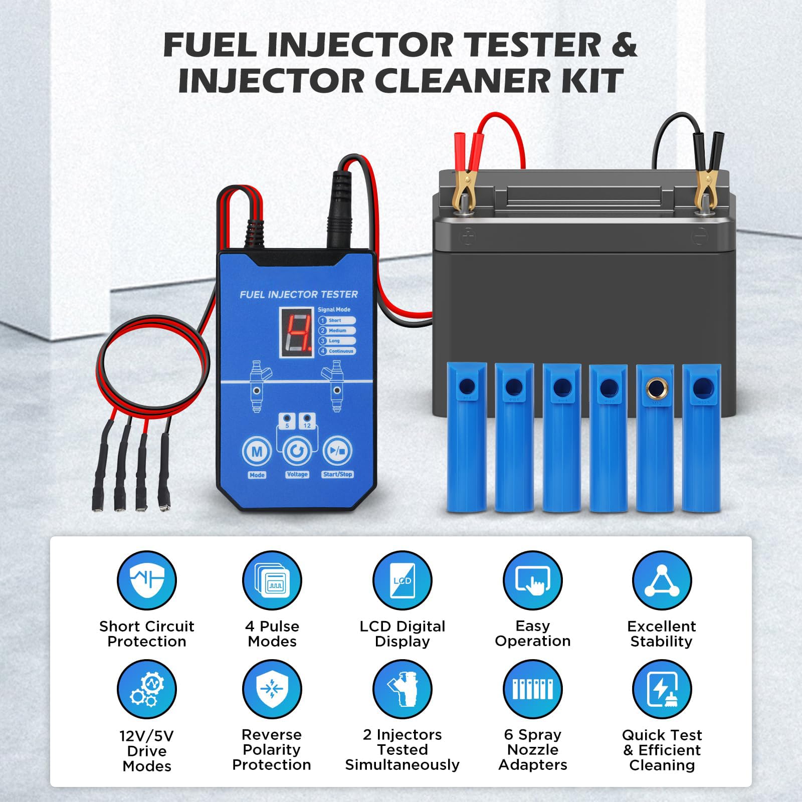 Auto Injektor Tester, 12V Auto Kraftstoffeinspritzdüsen mit 8 Testmodi, Digitalanzeige, einstellbar auf verschiedene Einspritzdüsen, Injektor Reinigungsset, kompatibel mit Injektorreiniger, Dual Power