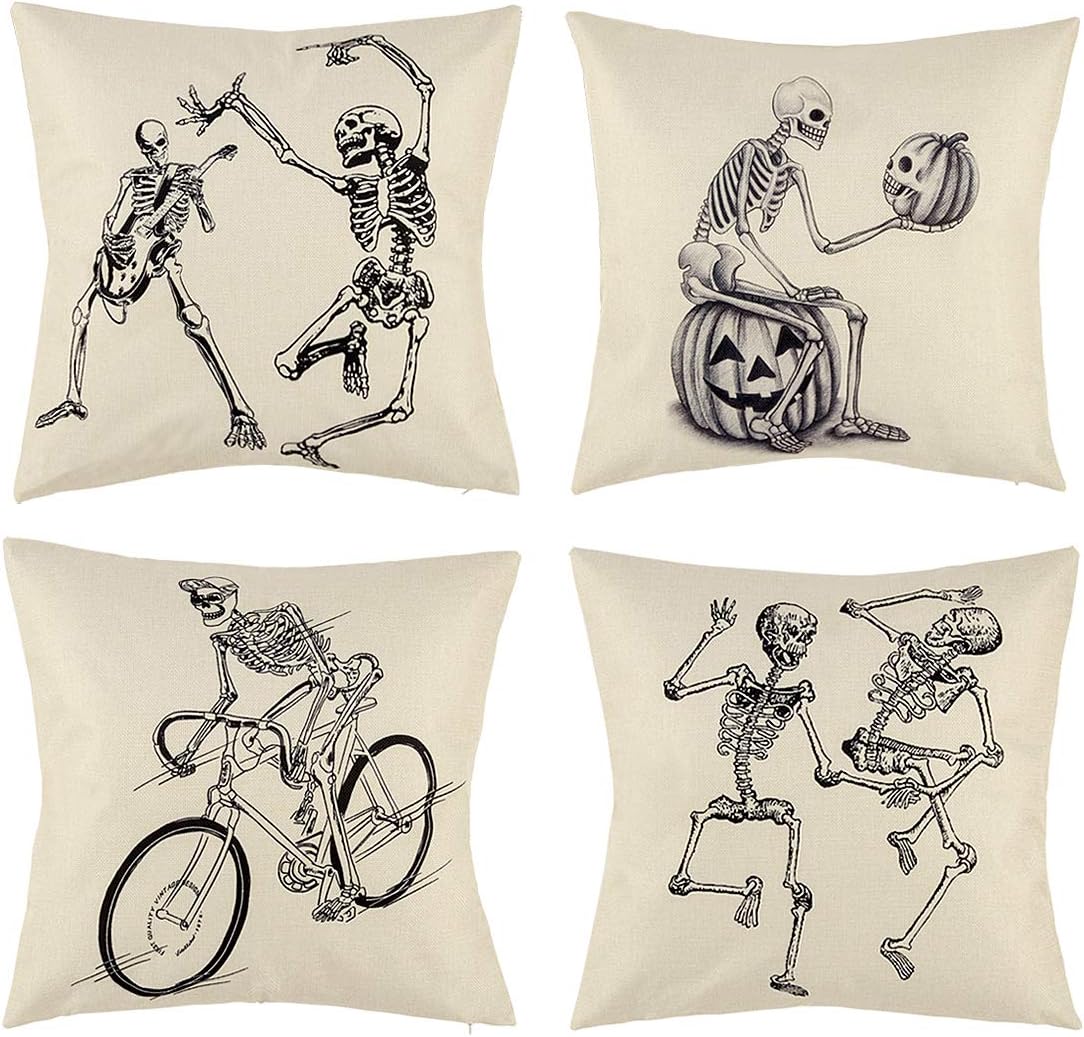 peony man Halloween Skull Pillow Covers, Skull and Pumpkin Throw Pillowcase Skeleton Linen Pillow Cushion Cover for Halloween Home Car Sofa Bedding Couch Decor, 18 x 18 Inch