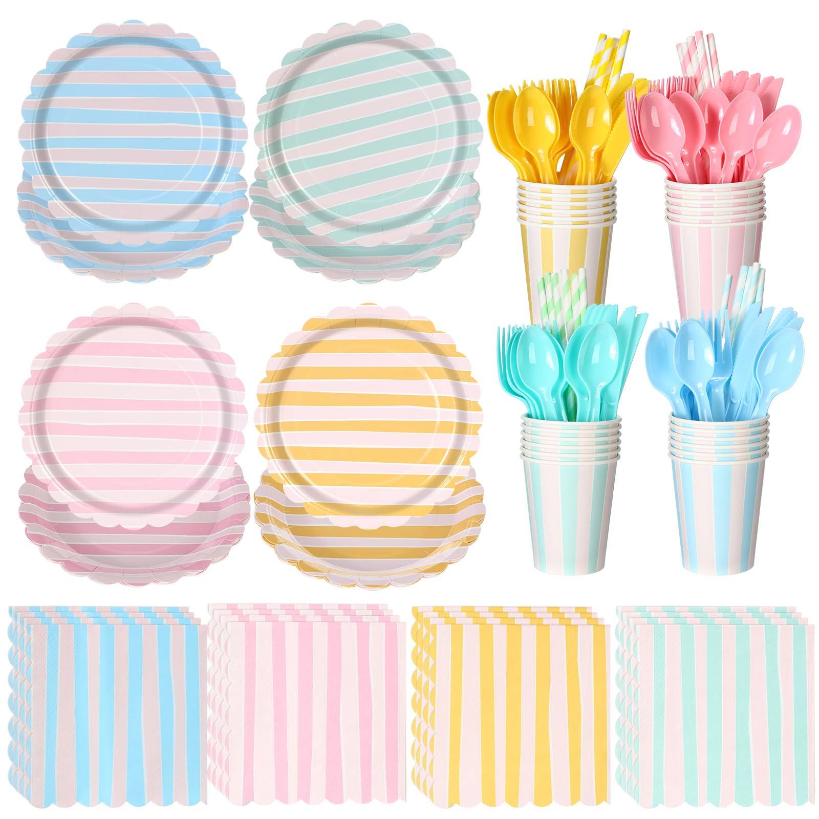 Potchen Juego de 220 platos de rayas pastel para 24 invitados, suministros de decoración de fiesta | Servilletas de papel desechables de 7 y 9 pulgadas con popotes para vajilla, cumpleaños, boda, baby shower, primavera, picnic