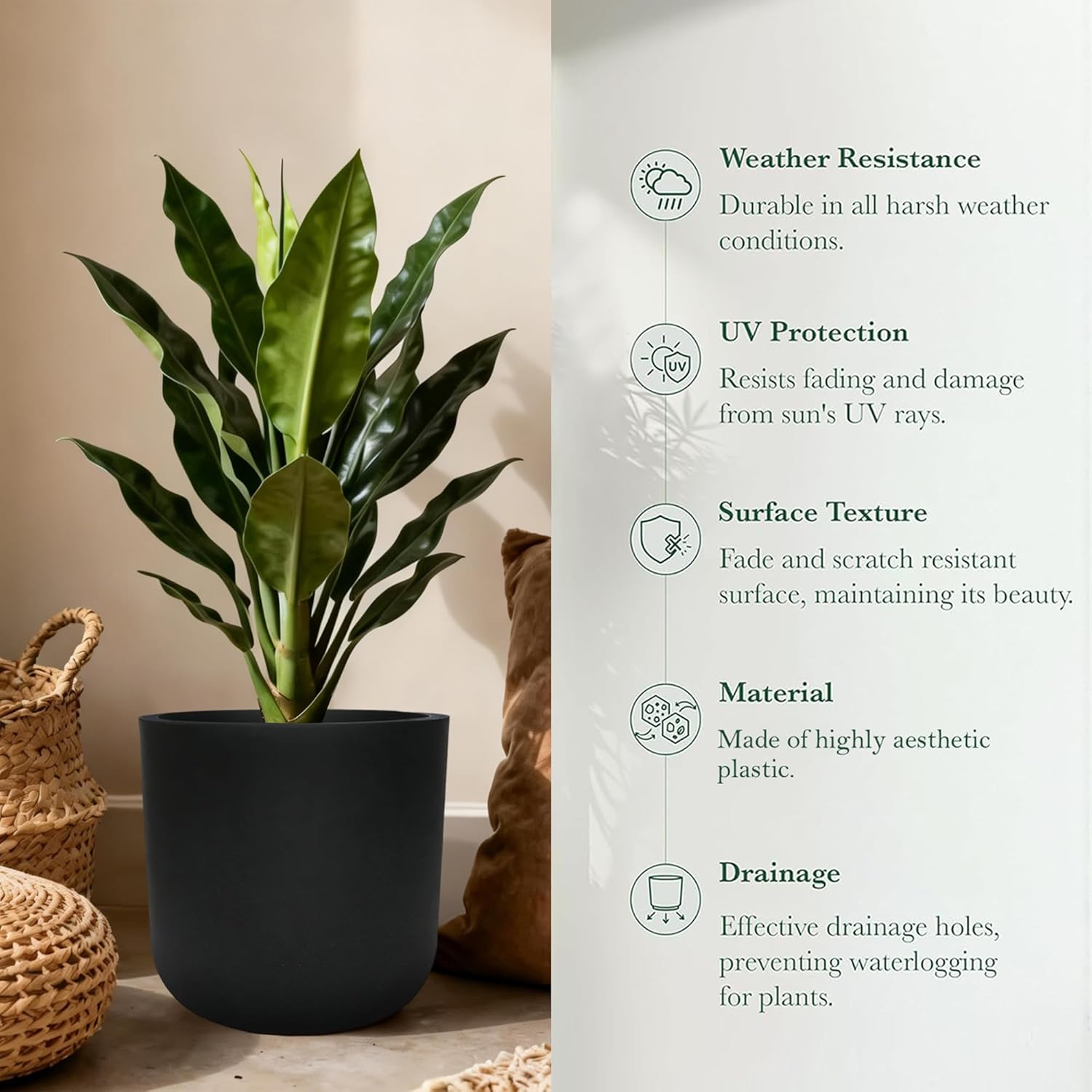 11 Inch Plant Pot, Modern Black Plastic Planter with Drainage Hole & Plug, Lightweight Weather Resistant Cylinder Flower Pot for Indoor Outdoor Use, Matte Black, 11" H x 11.6" Dia