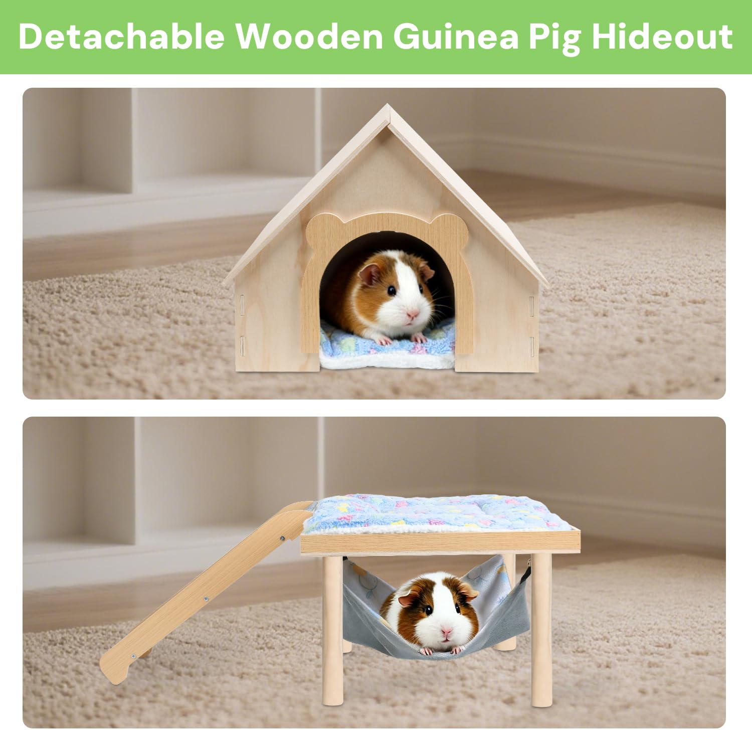 Meerschweinchenversteck - Meerschweinchen-Spielzeug aus Holz mit Treppe und Matte und Hängematte, abnehmbares Doppeldecker-Haus für Hamster, Chinchilla, Frettchen, Meerschweinchen, Zubehör