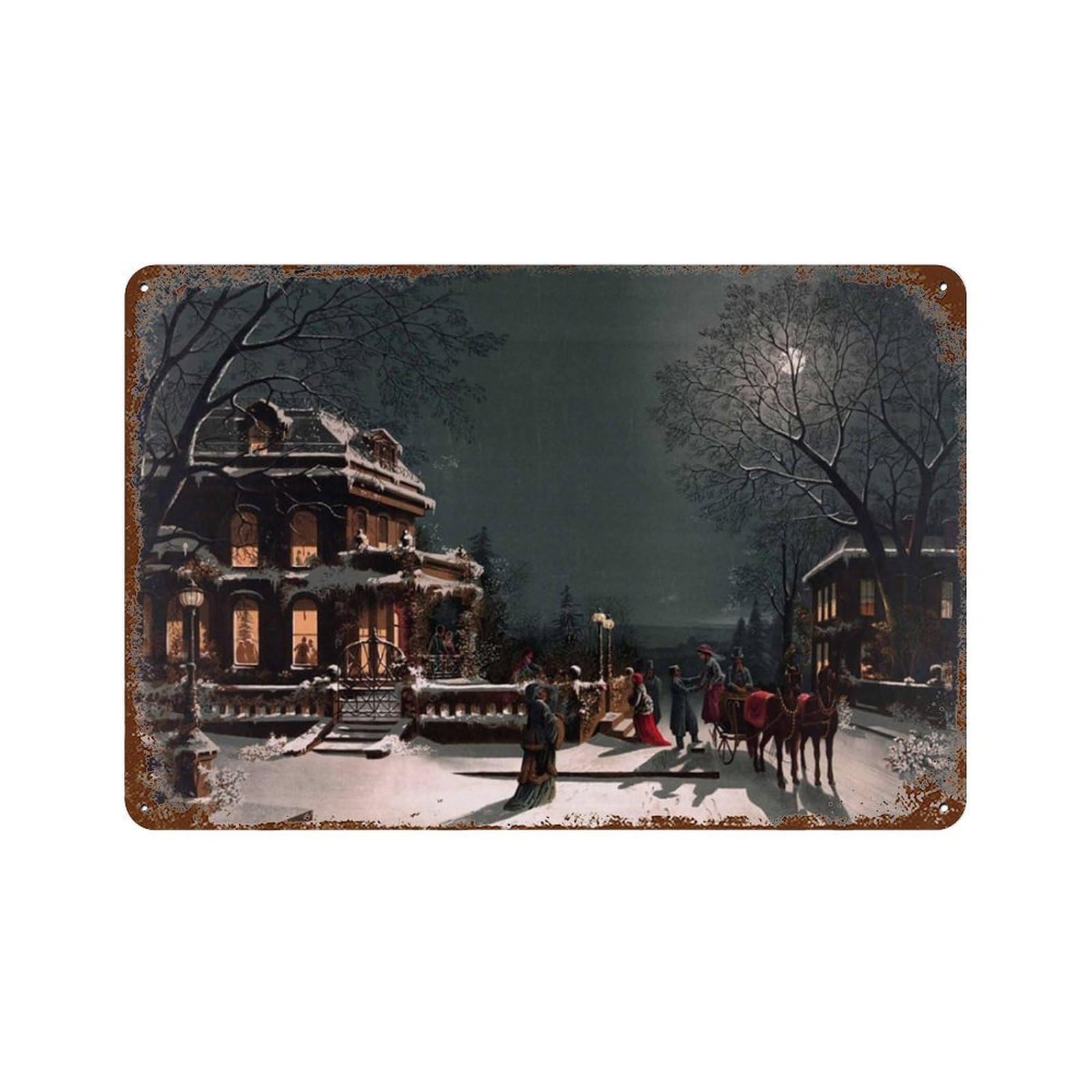 xiaoxiaoshen Christmas Winter Village Painting, Large Holiday, Able, Night Wall Decor Art Metal Tin Poster Modern Home Decor Art Home Bar Shop Decorations Vintage Sign 20x30cm