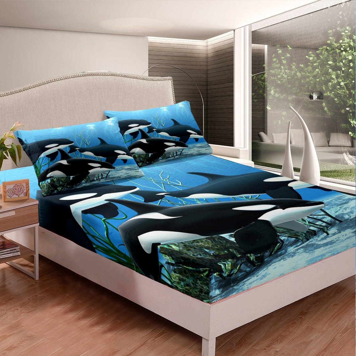 Erosebridal Killer Whale Bedding Sets Orcinus Orcas Fitted Sheet The Underwater World Jellyfish Bed Sheets for Kids Boys Girls Deep Sea Animals Marine Life Sheet Set 3 Pieces Child Room Decor Twin
