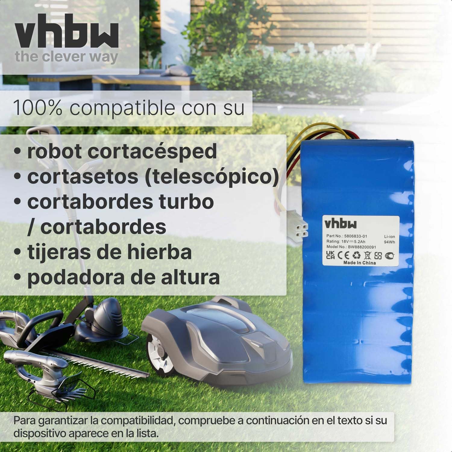 vhbw Batería (Pack) Compatible con Husqvarna Automower 550 (hasta 2019/2020), 520 (hasta 2019/2020) Robot cortacésped 5200mAh 18V Li-Ion