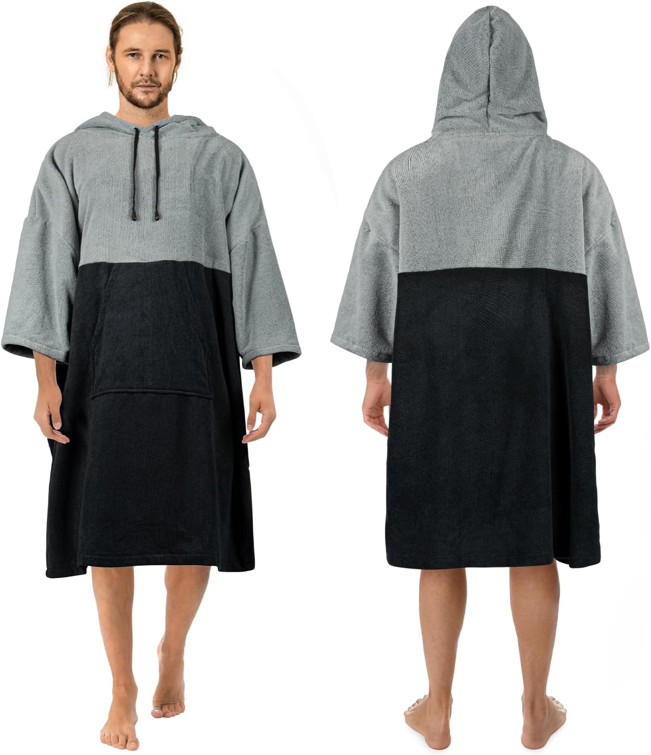 Zingtto Surf Poncho Changing Robe, 3/4 Sleeve Extra Large Thick Hoodie Towel Poncho for Men Women Beach Swimming, 43"x35", Black Gray