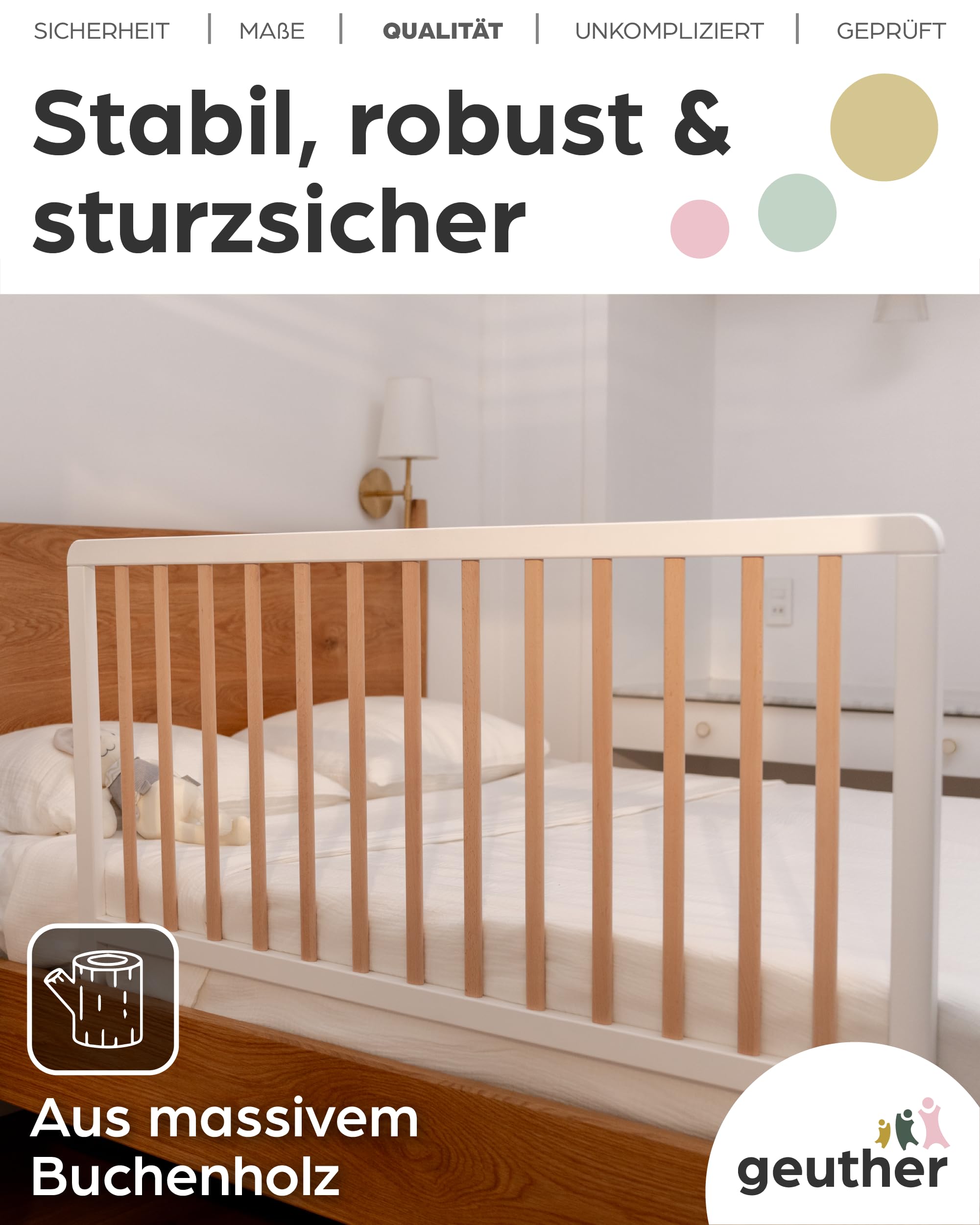 Geuther Bettschutzgitter Holz | Idealer Rausfallschutz Boxspringbett, extra hoch | Rausfallschutz Bett für Kinder | Bettgitter, Absturzsicherung Bett | Bett Rausfallschutz Kinder in 110cm Länge, Natur