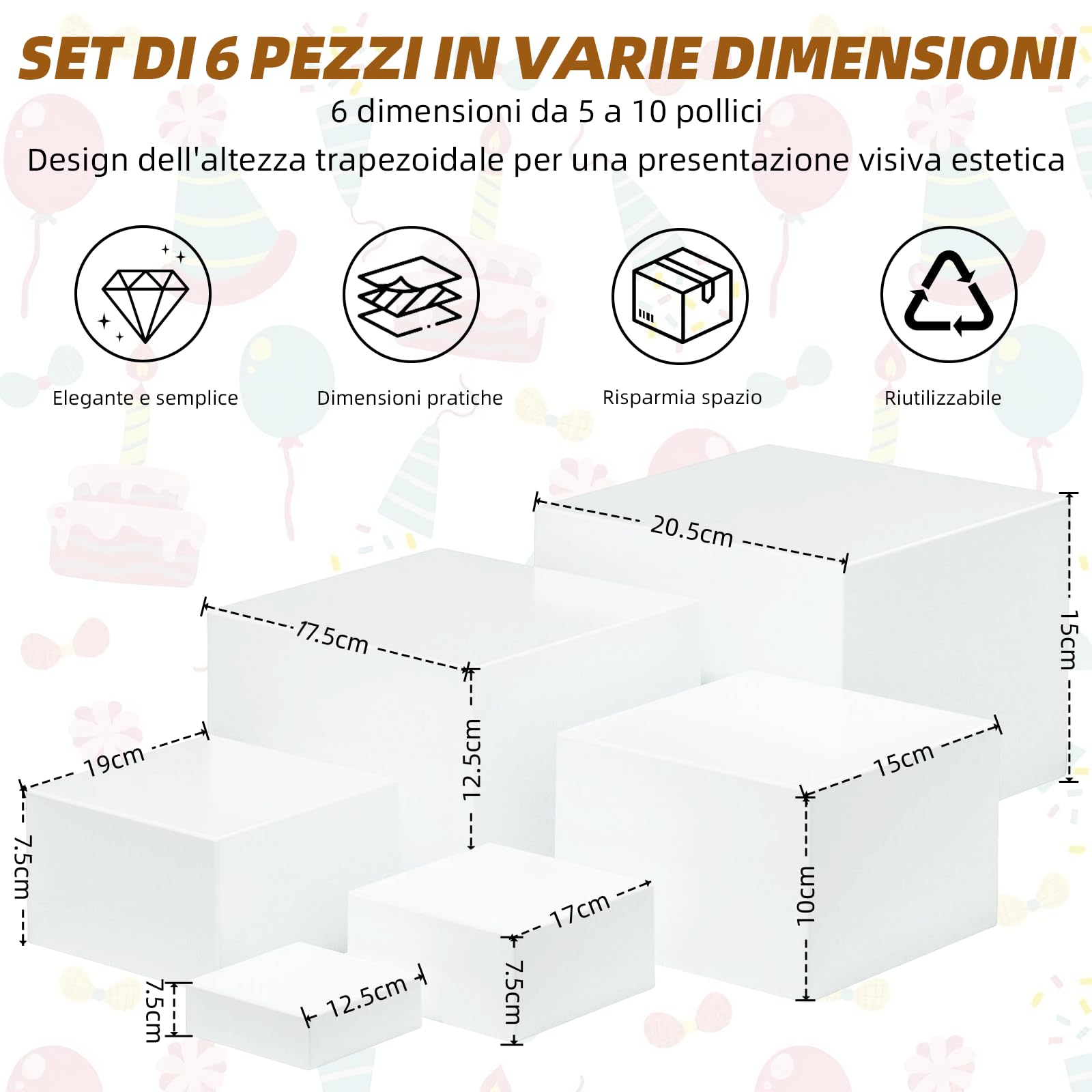 Supporto per torta a forma di cubo, in acrilico con fondo cavo, supporto per buffet a più piani, ideale per matrimoni, compleanni, decorazioni per feste e presentazioni cupcake (confezione da 6