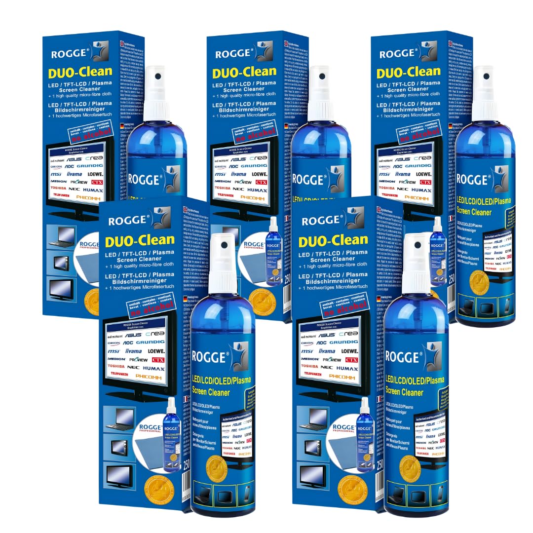 ROGGE Duo-Clean Original, 5X 250ml LED,LCD,TFT+Plasma Bildschirmreiniger inkl. 5X M.P.P Prof.Microfasertuch 38x40cm. Streifenfreie Reinigung alle glatten Oberflächen.
