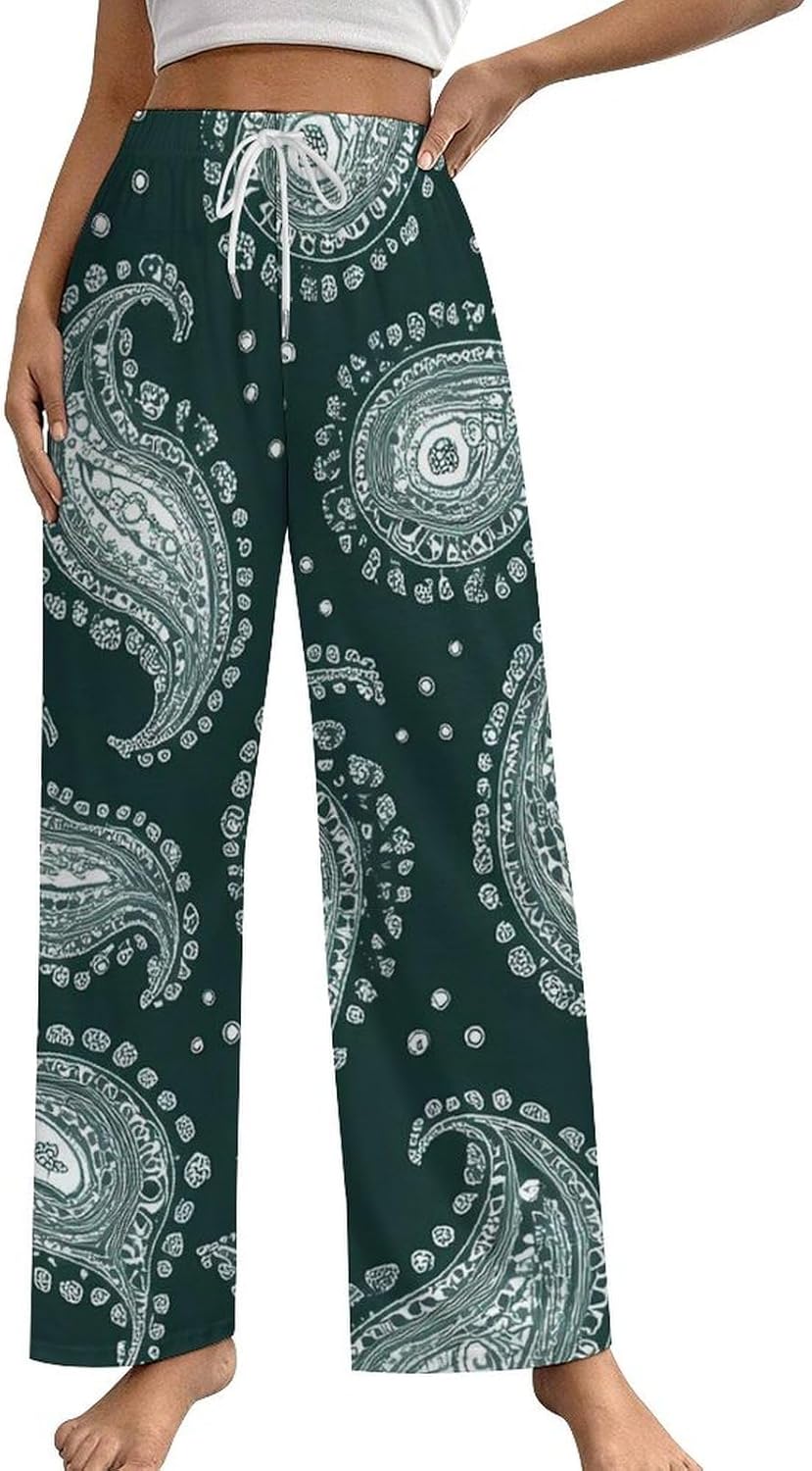 Green Paisley Pattern Pajama Pants Women Long Pockets Lounge Pj Bottom with Drawstring Belt Sleepwear