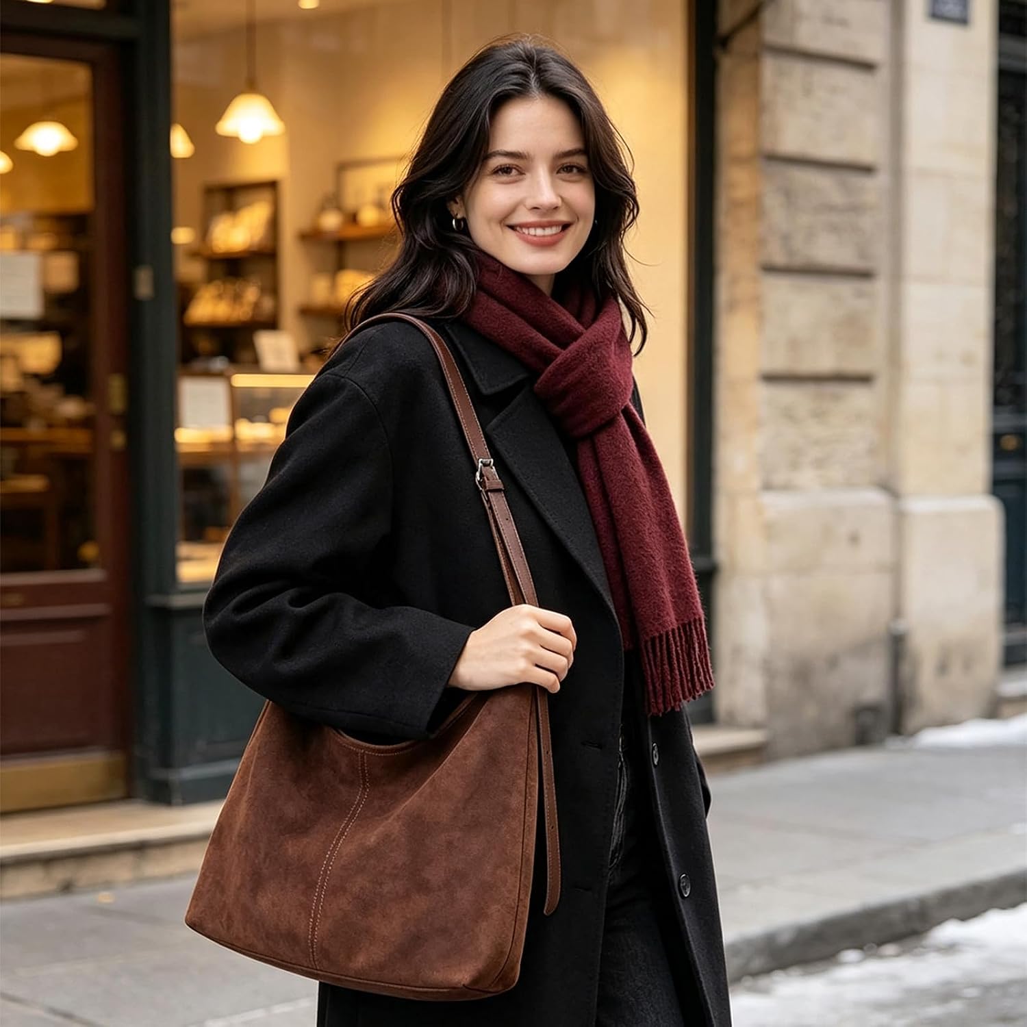 2PCS Brown Suede Bags for Women - Trendy Adjustable Strap Hobo Tote Shoulder Handbag, Fall Winter Faux Suede Purse with Pouch