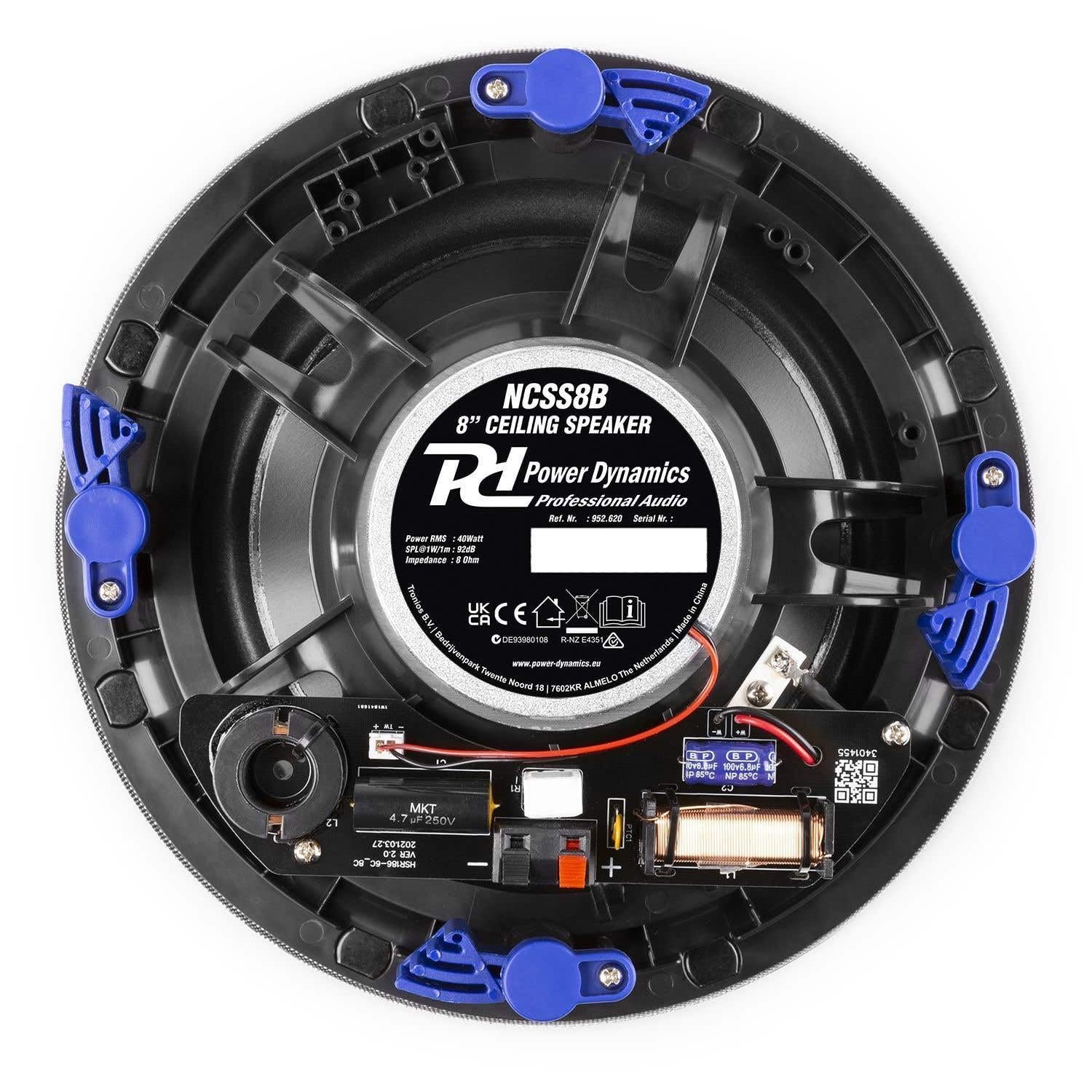 Power Dynamics NCSS8B - Altavoz de Techo (100 V, 8 Pulgadas, 40 W, 8 ohmios, Rejilla metálica, Altavoz con Sistema de fijación rápida), Ideal para instalación pública