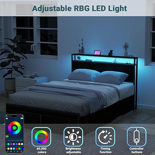 Miniatura 6 de Base de cama matrimonial con cabecero, base de cama de almacenamiento de tamaño matrimonial con 8 cajones, puertos de carga y salidas integrados,