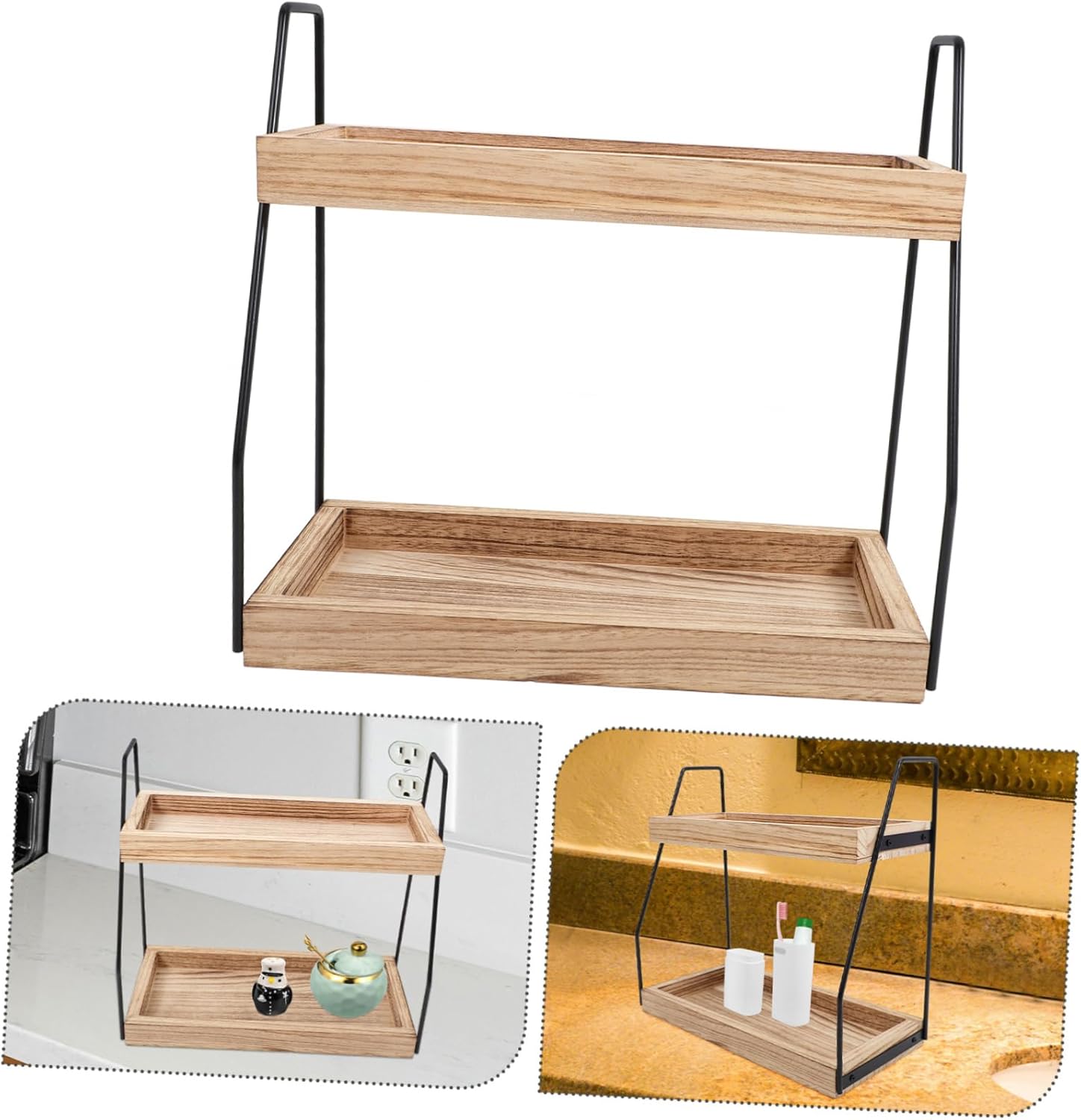 Cabilock Wooden Desktop Storage Shelf Double Rack for Kitchen Spices and Bathroom Cosmetics Organizer Countertop Holder for Multipurpose Home Use