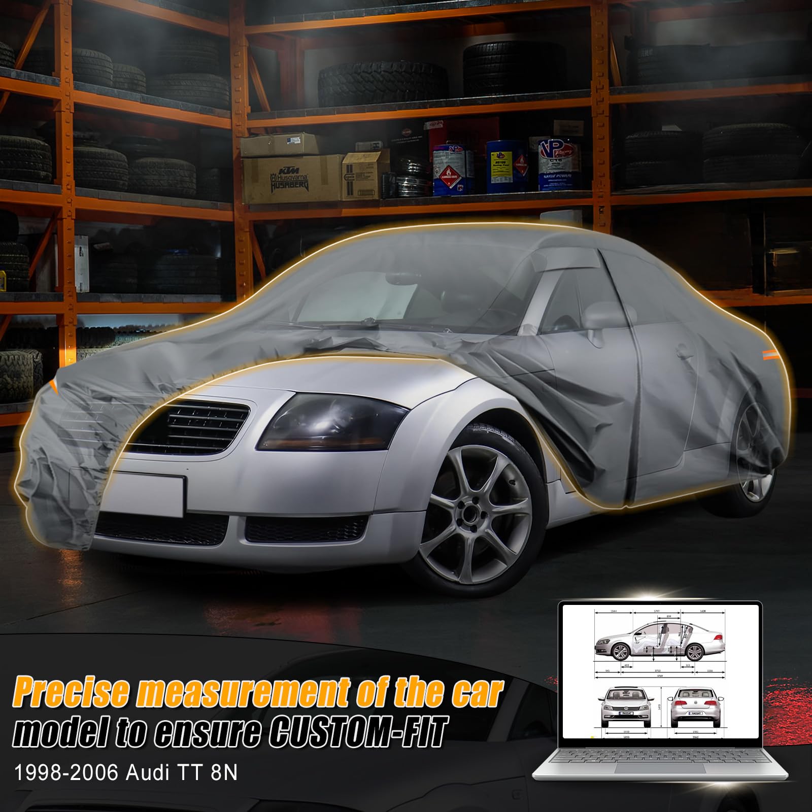 Autoabdeckung Wasserdicht für 1998-2006 Audi TT 8N, Vollgarage Autoplane | Auto Abdeckplane Winter Sommer Allwetter Outdoor Abdeckung mit Reißverschluss Tür, Windschutzbänder, Grau